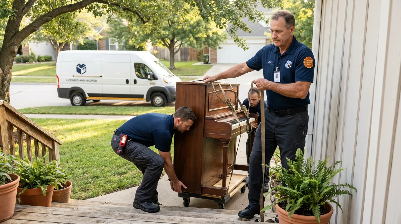 Licensed piano movers securing grand piano in Madison, IL