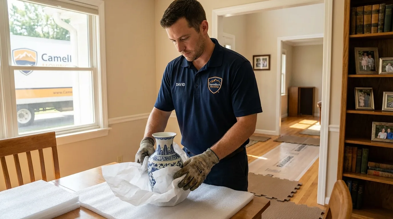 Professional crew carefully wrapping antique vase for senior downsizing move in Madison, IL